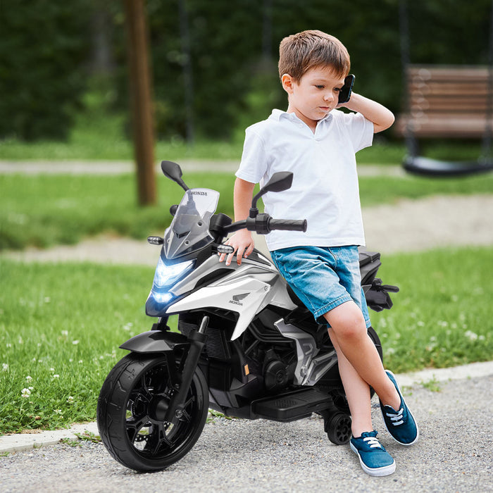 Qaba Motorcycle Electrique Honda Licensee 12v, Conduite Sur Moto A Batterie Pour Les Enfants Avec Des Phares Roues D'entrainement, Musique, Pour 3 A 6 Ans, Blanc