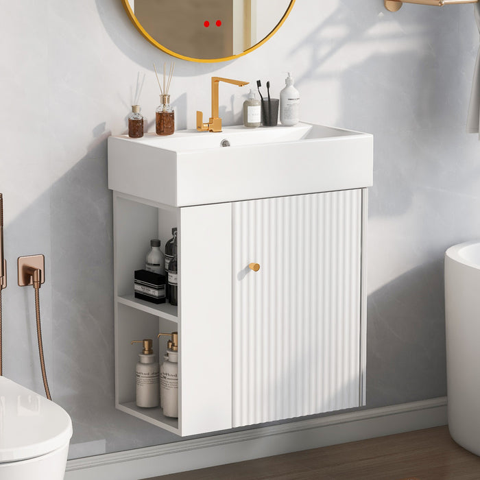 Rachel Meuble-lavabo Flottant 21,6\" Avec Vasque En Ceramique, Porte A Fermeture Douce Et Rangement A Gauche