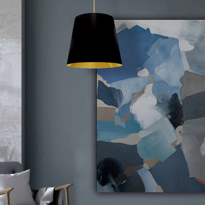 Luminaire suspendu moyen de Dainolite avec très grand abat-jour cylindrique effilé noir et doré, et 1 ampoule
