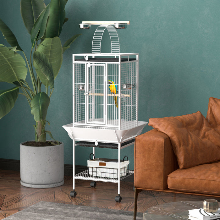 Pawhut Cage A Oiseaux Pour Perruches Avec Support, Plateau Coulissant, Plateau De Jeu, Etagere De Rangement, Perchoir En Bois, Recipient Alimentaire, 61.5\", Blanc