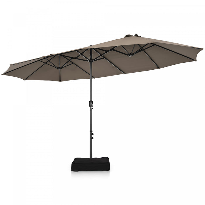 Parasol de patio jumeau double face Costway de 15 pieds, ombrage exterieur, manivelle et base de marche couleur cafe