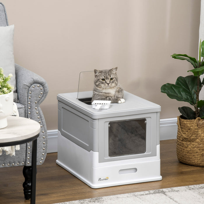 Pawhut Bac A Litiere Pour Chat Entierement Ferme Avec Pelle, Litiere Avec Plateau De Type Tiroir, Pot Pliable Anti-odeur Avec Entree Avant, Sortie Superieure, Toilettes Portables Pour Chat, Gris