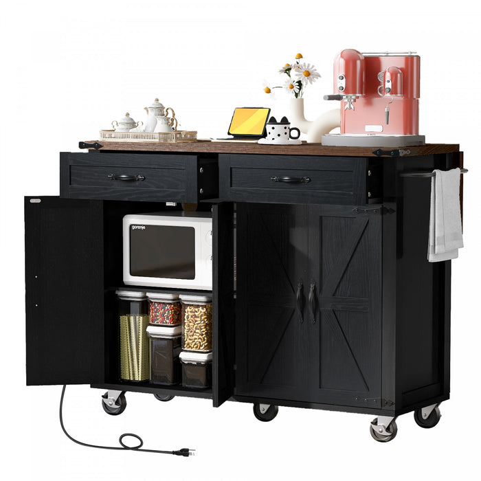 Chariot De Cuisine Elton 53,5\" En Bois Reconstitue Avec Prise Electrique Et Rangement - Noir
