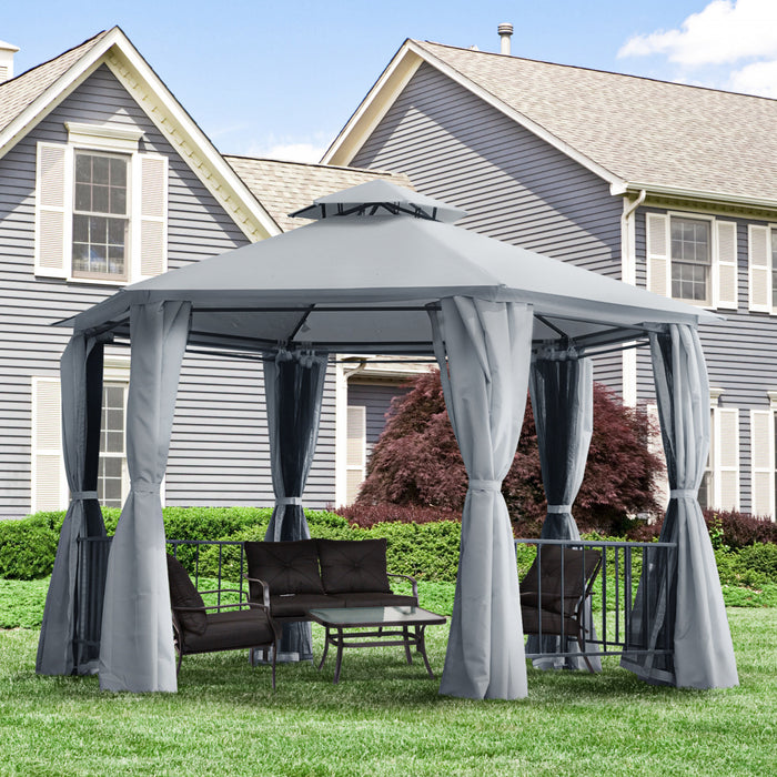 Outsunny Hexagon Gazebo 13ft Outdoor Canopy Shelter Avec Filet Et Rideaux D'ombrage Gris