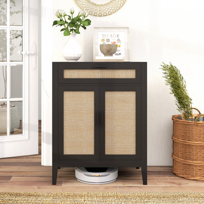 HOMCOM Armoire de Rangement Boho avec Tiroir et Portes en Rotin, Noir