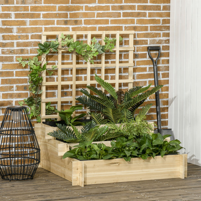 Outsunny Lit De Jardin Sureleve De 3 Niveaux Avec Treillis Pour Les Plantes Grimpantes, Boite Elevee De Planteur En Bois Pour Le Jardin, Exterieur Pour Cultiver Des Legumes, Fleurs, Herbes, Naturel