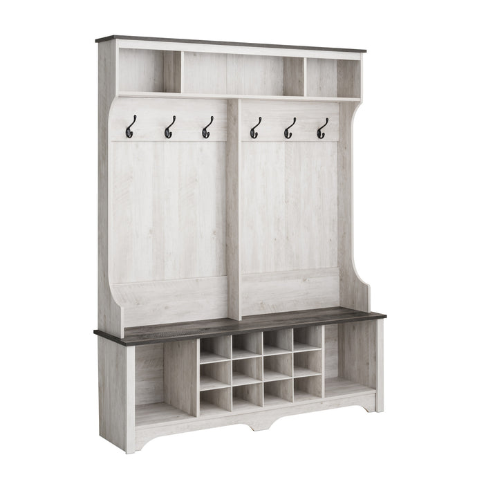 Armoire de rangement Rustic Ridge champêtre pour l’entrée avec compartiments pour chaussures et crochets à manteaux - blanc vieilli