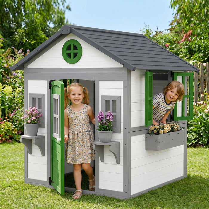 Maisonnette Outsunny pour enfants, maisonnette en bois pour l'exterieur, jardin, blanche