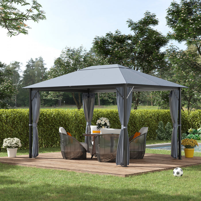 Outsunny 13' X 10' Gazebo Canopy Abri De Fete Avec Cadre En Acier, Rideaux, Parois Laterales En Filet, Gris Clair