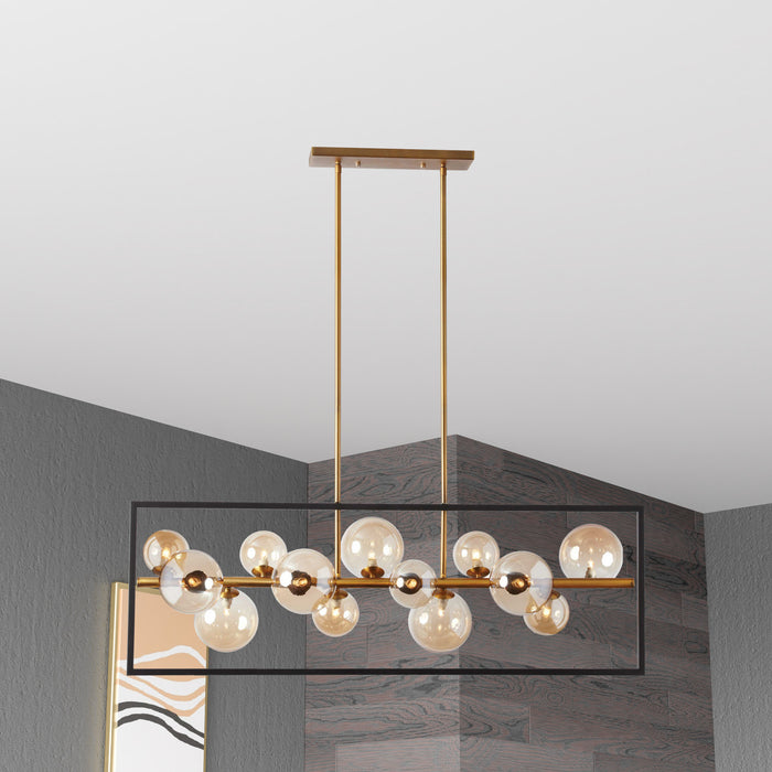 Luminaire suspendu horizontal Glasgow de Dainolite en verre champagne, avec cadre carré, fini noir mat et bronze rétro, et 13 ampoules