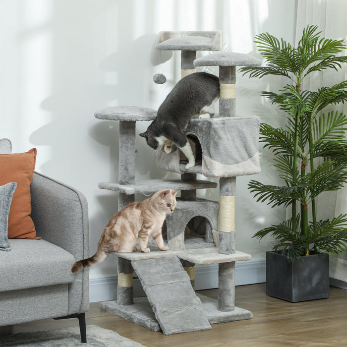 Pawhut Arbre A Chat De 53 Po, Grand Meuble Pour Chat, Centre D'activites A Plusieurs Niveaux Avec Griffoirs, Perchoirs, Rampe Et Balles Pendantes, Gris