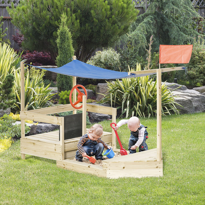 Bac A Sable Pour Enfants A L'exterieur, Station De Jeu Pliable, Avec Drapeau, Auvent D'ombrage, Revetement De Fond, Tableau Noir, Pour Les Enfants De 3 A 8 Ans, Bois Naturel