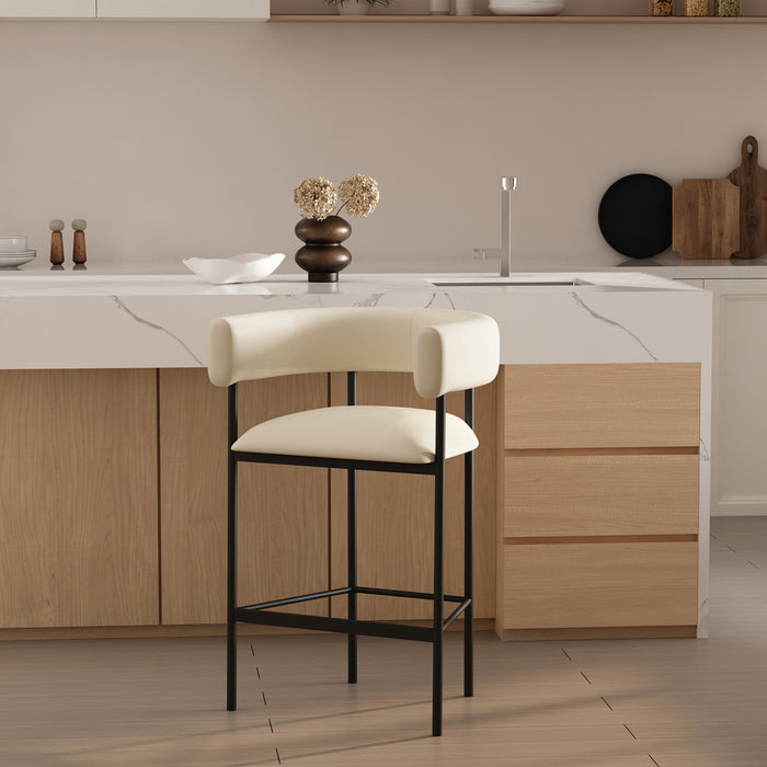Tabouret de comptoir contemporain Onda en cuir vegetalien et metal, coloris ivoire