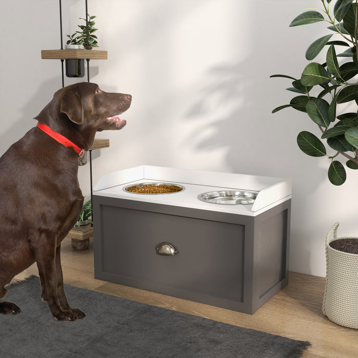 Pawhut Grandes Gamelles Surelevees Pour Chien Avec Tiroir De Rangement D'une Capacite De 21 L, Station D'alimentation Surelevee Pour Animaux De Compagnie Avec 2 Gamelles En Acier Inoxydable, Gris