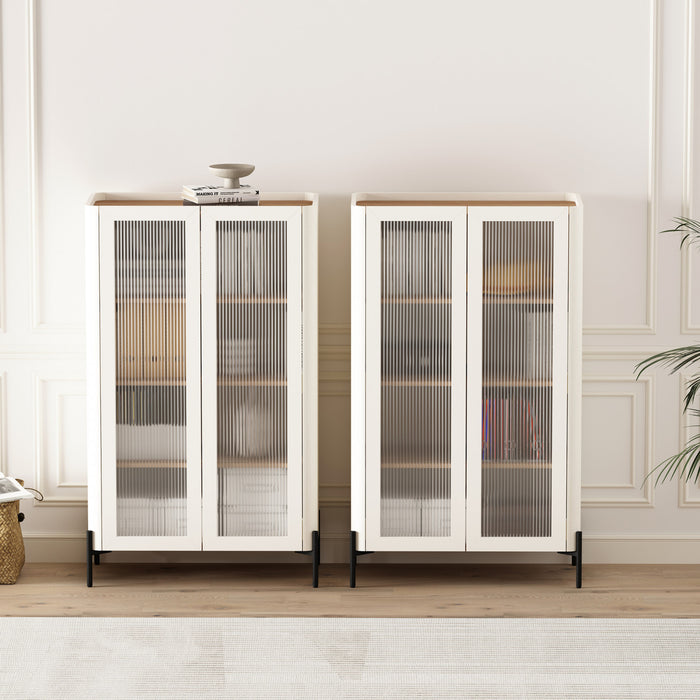Armoire bibliotheque moderne Abbey 32\" en verre trempe, erable et blanc casse (4 etageres) - Lot de 2