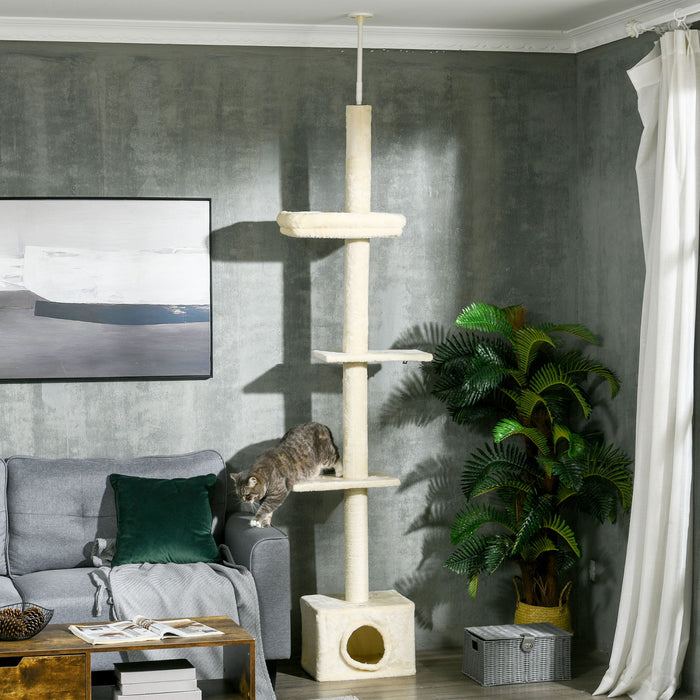 Pawhut Arbre A Chat Du Sol Au Plafond Avec Griffoir Pour Chats D'interieur, Tour A Chat Reglable En Hauteur (91-102 Pouces) Avec Niche, Lit, Beige