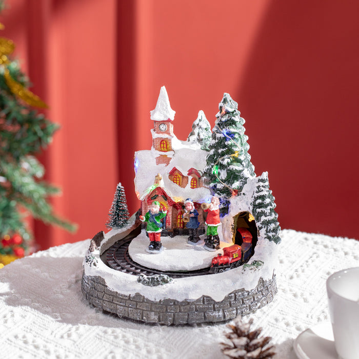 HOMCOM Maisons de village de Noel eclairees par LED avec train rotatif