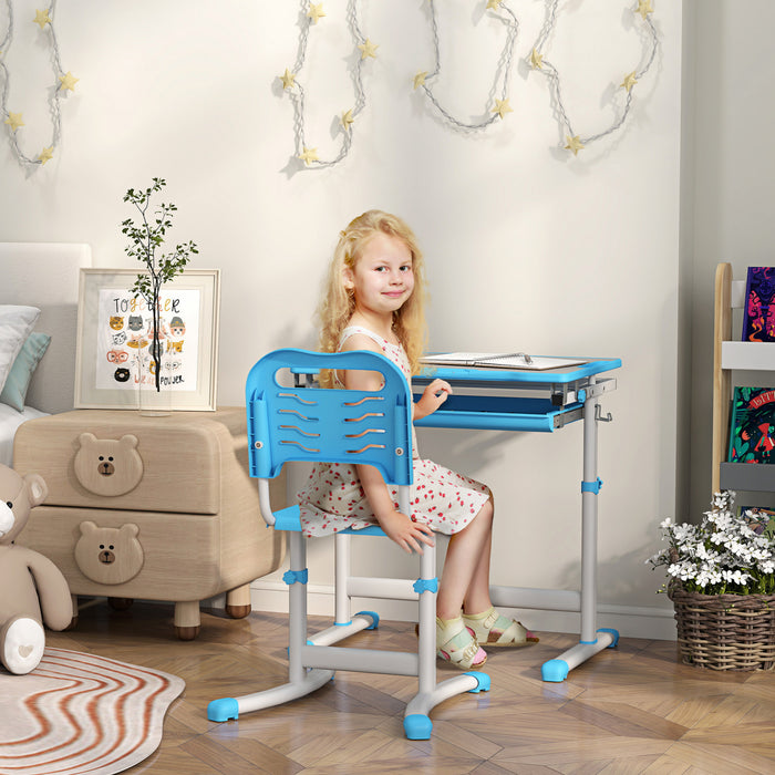 Qaba Ensemble Bureau Et Chaise Pour Enfants Reglable Bureau Inclinable Bleu