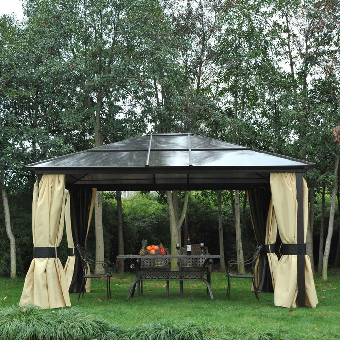 Outsunny 14'x12' Deluxe Hard Top Patio Gazebo Canopy Garden Abri En Aluminium Avec Sunshine Board, Rideaux Et Moustiquaire
