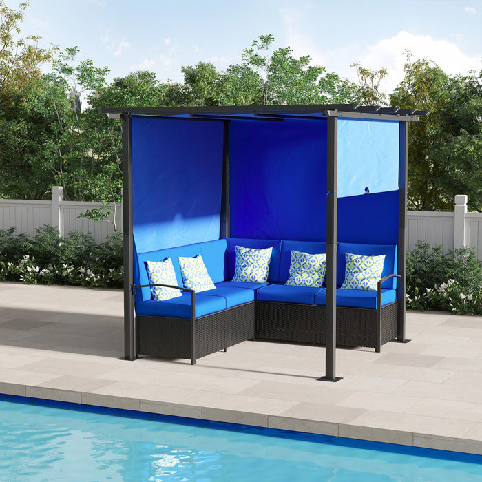 Outsunny Meubles De Terrasse Avec Canape Pergola Retractable, Bleu