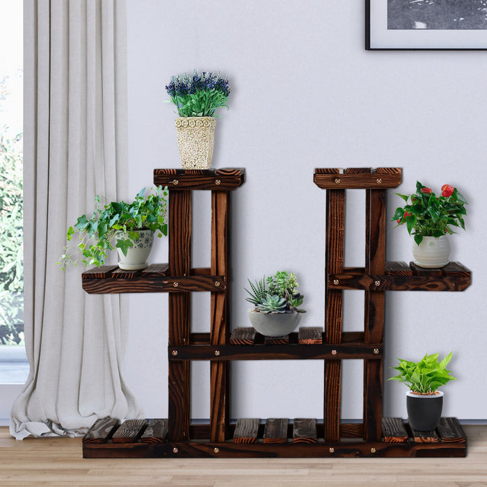 Support De Pot De Plante En Bois A 4 Niveaux Outsunny Support De Fleur Carbonise Vertical Etagere De Jardin Exterieur