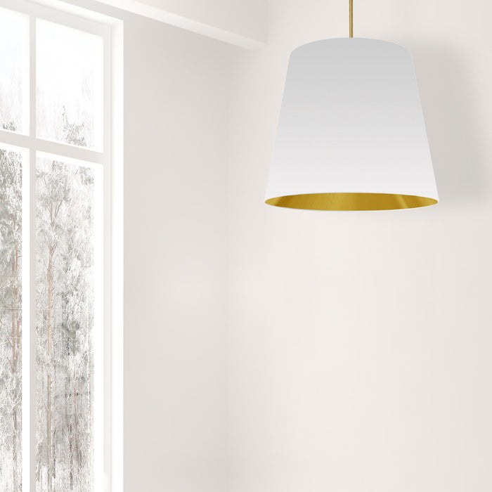 Grand luminaire suspendu de Dainolite avec très grand abat-jour cylindrique effilé blanc et doré, et 1 ampoule