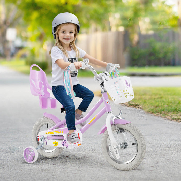 Costway 12 Pouces Enfants Velo Avec Roues D'entrainement Poupee Siege Panier Streamers Frein A Main Violet