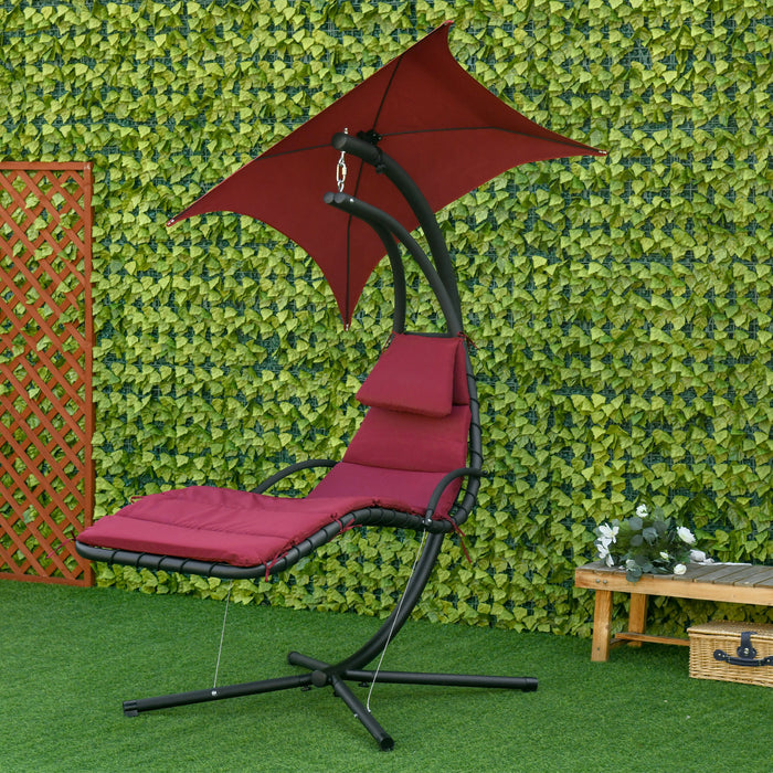 Outsunny Chaise Flottante Chaise De Balancoire De Porche D'exterieur Hamac Suspendu Siege Inclinable Avec Support En Arc Et Parasol A Auvent Rouge Vin