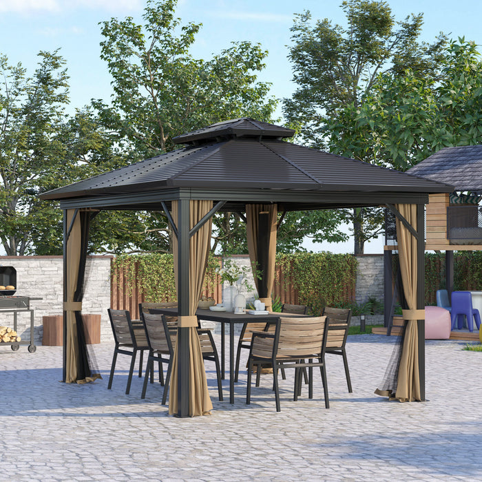 Outsunny 12' X 10' Gazebo A Toit Rigide En Aluminium Pour Patio, Marron