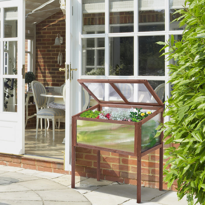 Outsunny 35\" X 20\" X 36\" Serre A Cadre Froid En Bois, Pot De Fleurs Sureleve Portable Pour Usage Exterieur Et Interieur, Marron