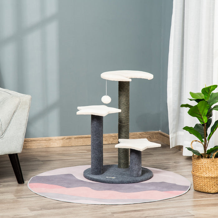 Pawhut 30\" Arbre A Chats Style Cosy Chic Centre D'activites 3 Plateformes Griffoir Sisal Naturel Boule Suspendue Panneaux Particules Peluche Courte Gris Et Blanc