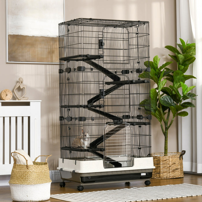 Pawhut Plate-forme Roulante A 5 Niveaux Pour Petits Animaux Cage A Lapins Maison De Jeu Pour Animaux De Compagnie Avec Plate-forme, Rampe, Plateau Amovible. 4 Roues Universelles (noir)