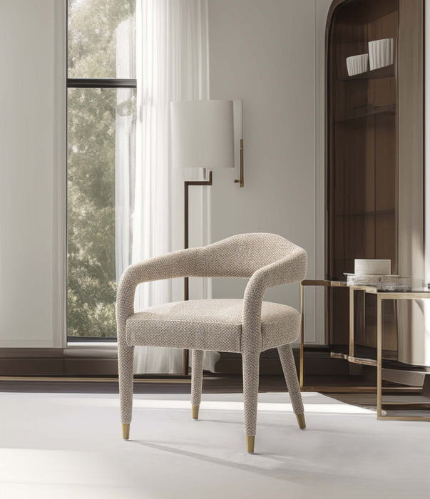 Fauteuil Aspen style milieu du siecle moderne en tweed rembourre, coloris Poussiere d’Or