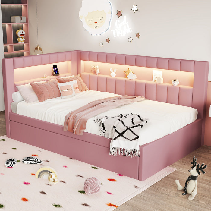 Lit plateforme Lily rembourre avec LED et ports USB, rose