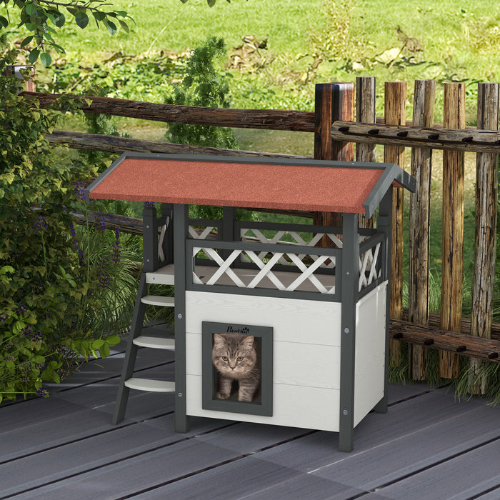 Pawhut Maison D'exterieur Pour Chat, Abri A 2 Etages Pour Chats Sauvages, Condo En Bois Pour Chaton Avec Toit En Asphalte, Escaliers, Balcon, 30\" X 20\" X 29\", Gris