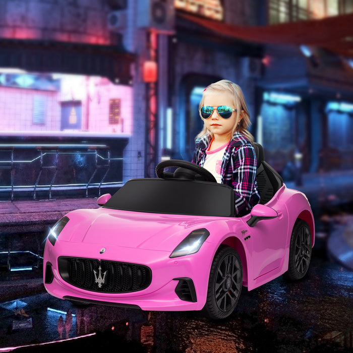Qaba Voiture Electrique 12v Pour Enfant, Maserati Gran Turismo Sous Licence, Voiture Pour Enfants Alimentee Par Batterie Avec Telecommande, Lumieres Led, Musique, Klaxon, Mp3, Rose