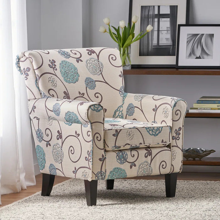 Fauteuil D’appoint Catherine En Tissu aspect lin Avec Pieds En Bois - Blanc Et Bleu