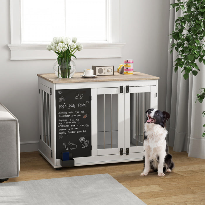 Pawhut Meuble De Cage Pour Chien De 39\", Table D'appoint Pour Grands Chiens, Cage Pour Chien Avec Trois Portes, Tableau Noir, Coussinets Antiderapants, Blanc