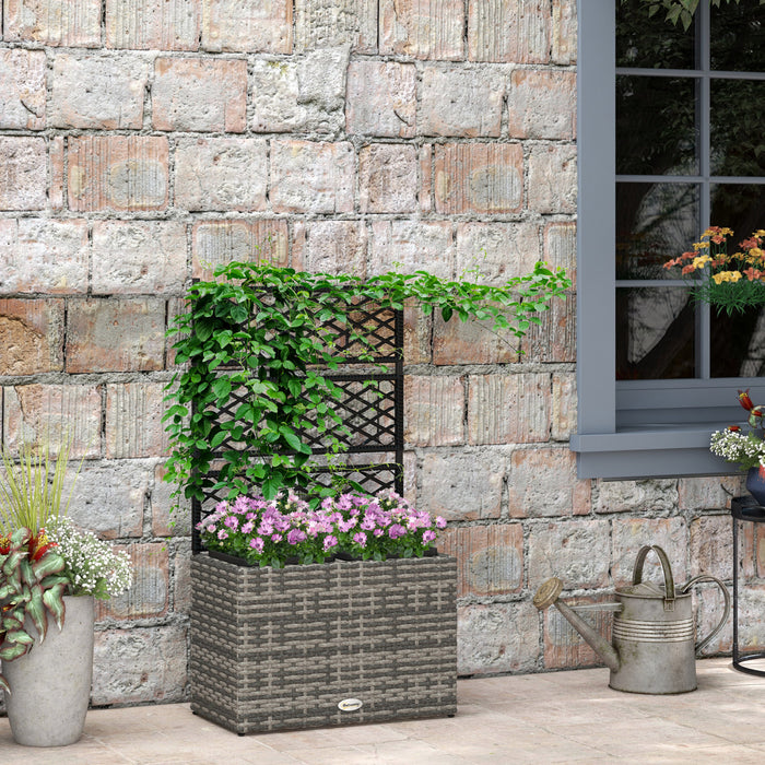 Outsunny Jardiniere Surelevee De 22 L Avec Treillis, Parterre De Fleurs Sur Pied En Rotin Pe Avec Deux Bacs A Plantes, Jardiniere De Jardin Pour Plantes Grimpantes, 22,4\" X 11,8\" X 42,1\", Gris Melange