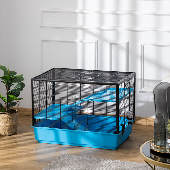 Pawhut Cage Petit Animal Habitat Interieur Cage Pour Cochons D'inde Hamsters Chinchillas, Avec Accessoires Bouteille D'eau Balcon Rampe Plat De Nourriture, 31.5\"x19\"x 22.75\", Bleu Clair