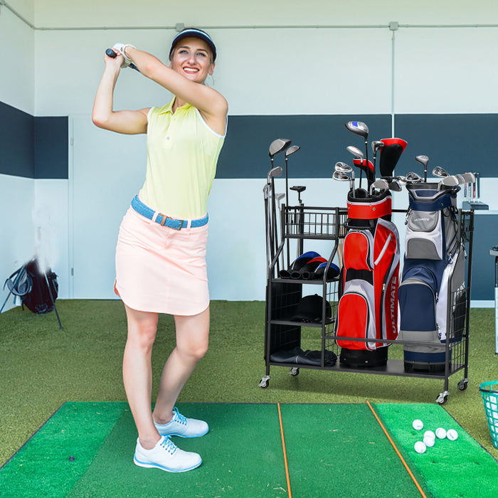 Support De Rangement Pour Sac De Golf Pour Garage, Double Organisateur De Sac De Golf Avec Roues Universelles Verrouillables, Organisateur De Stockage Supplementaire Pour Clubs De Golf Et Autres Equipements De Golf, Support Pour Sac De Golf Avec Support Pour Clubs De Golf