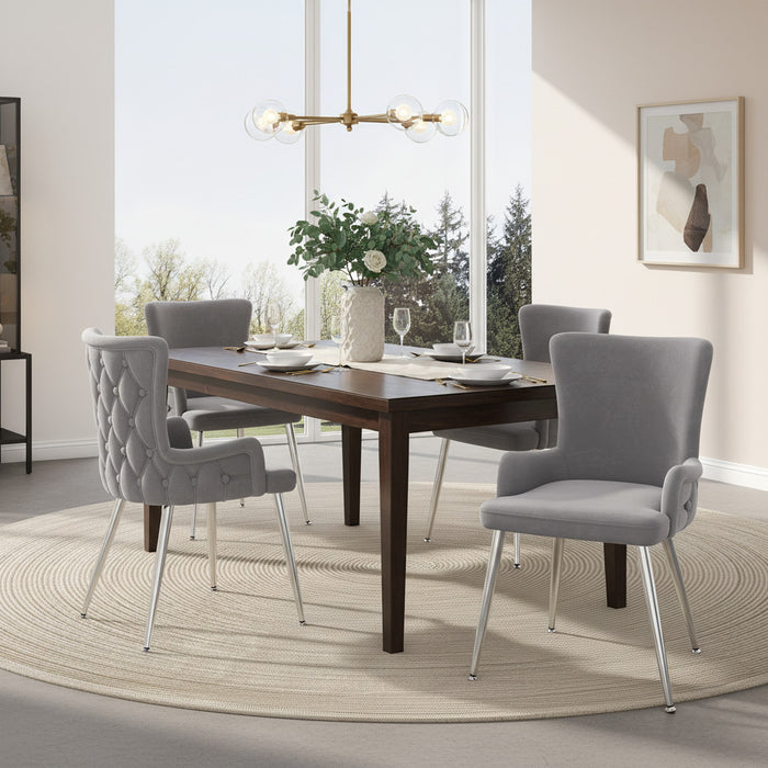Chaises de salle a manger Luna en velours avec revetement capitonne et pieds metalliques dores, lot de 4, gris