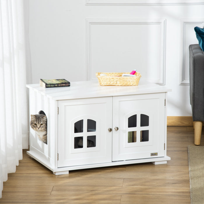 Pawhut Boite A Litiere Pour Chat Meuble Cache Pour Chat Toilette Interieure Pour Chat Table De Nuit A Double Porte Table D'extremite Avec Fenetre Pour Chat Blanc