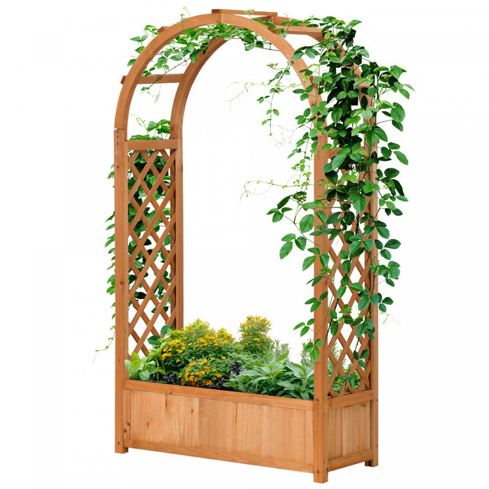 Outsunny Lit de jardin sureleve avec treillis en arc pour jardiniere Marron