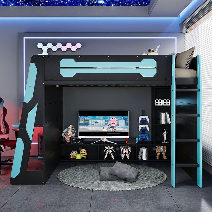 Olivia Lit mezzanine en bois avec bureau et etageres de rangement multiples, Lumiere RGB, Bleu
