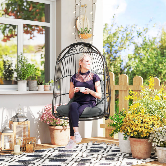 Fauteuil œuf suspendu Outsunny, fauteuil de jardin pliable en rotin, gris fonce