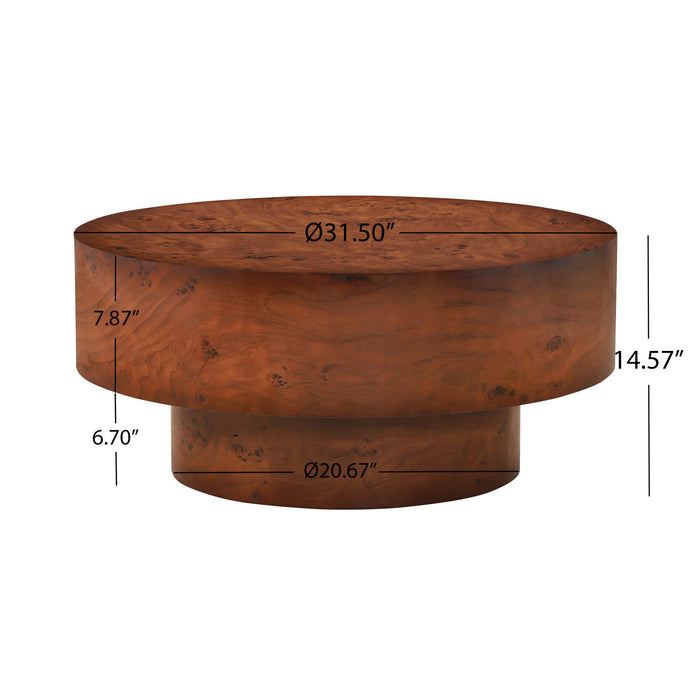 Table basse ronde moderne Sage 31,5 pouces avec finition placage bois et base cylindrique, brun