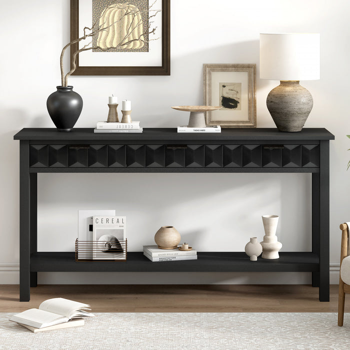 Table d'entree Oliver 60'' en placage de sapin avec design en nid d'abeille et tiroirs, noire