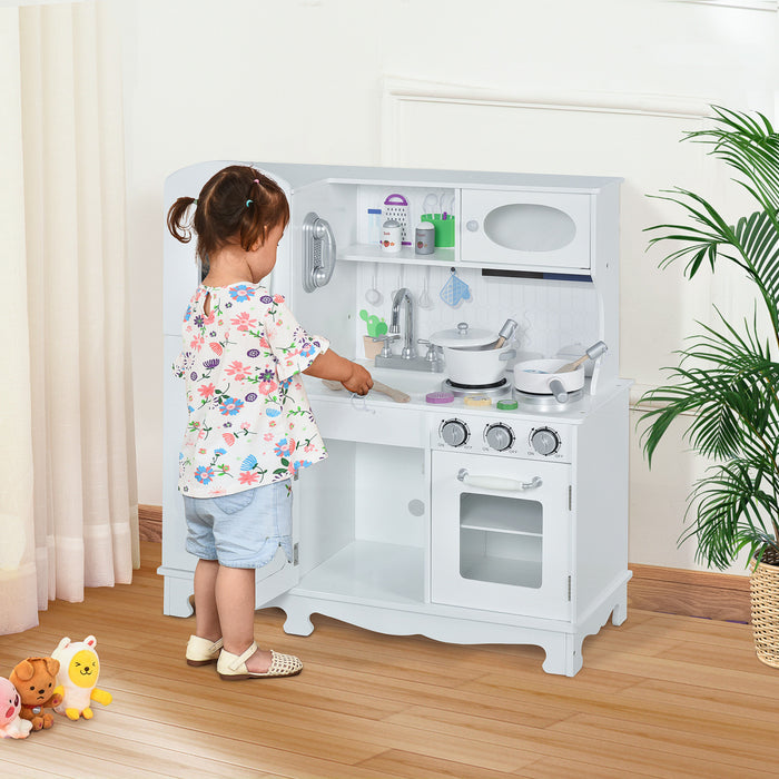 Qaba Cuisine Pour Enfants 3+ Ans Dinette Jeu D'imitation Educatif Complet Nombreux Accessoires Materiau En Mdf Et Pin Robustes 30\" X 11.75\" X 34.75\" Blanc