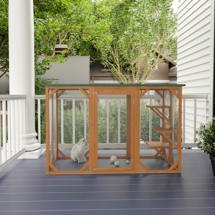 Pawhut Maison D'exterieur En Bois Pour Chat Cage Interieure Avec Toit En Asphalte, Plateformes A Plusieurs Niveaux Et Grande Porte D'entree - 71\"l, Orange